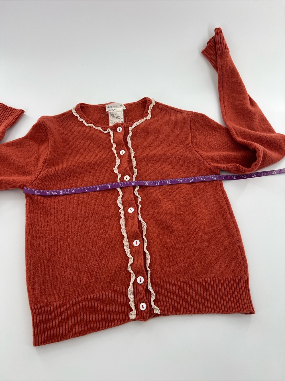 Vintage Agnes B. Rust Red Ruffle-Trim Cardigan Sweater feminine romantic dainty - Picture 5 of 8